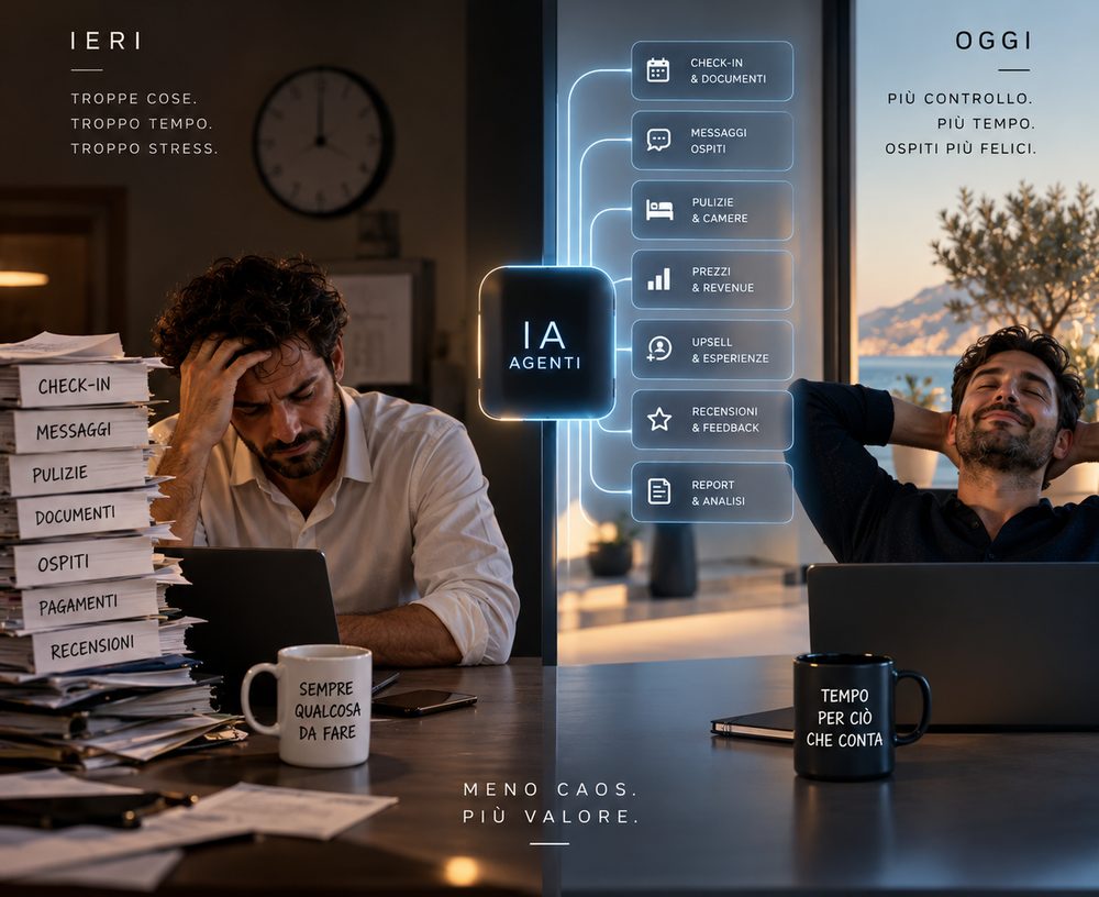 A sinistra un gestore sommerso da check-in, messaggi, pulizie, documenti, ospiti, pagamenti e recensioni. A destra lo stesso gestore, con gli agenti HOXY che se ne occupano.